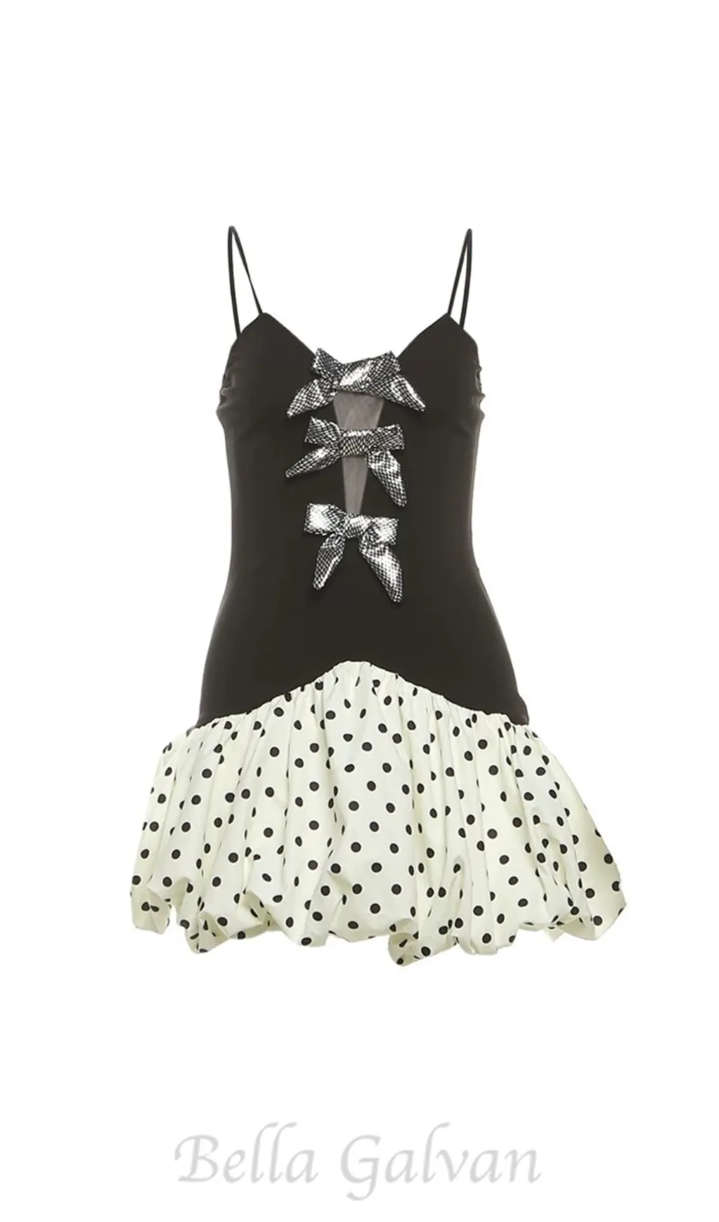 bow polka dot patchwork mini dress in black Flowering Girl