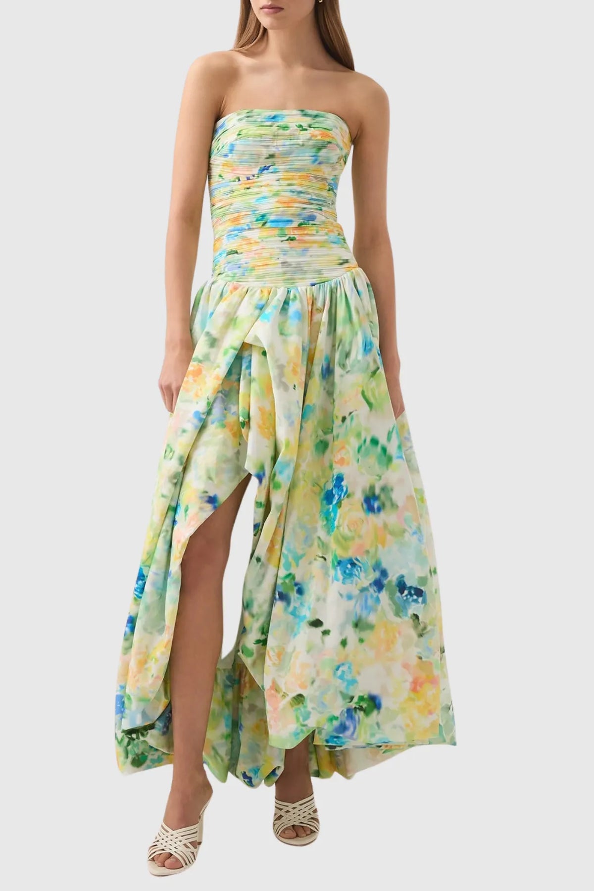 Coleka Floral Print Strapless Ruched Maxi Dress - Green Flowering Girl