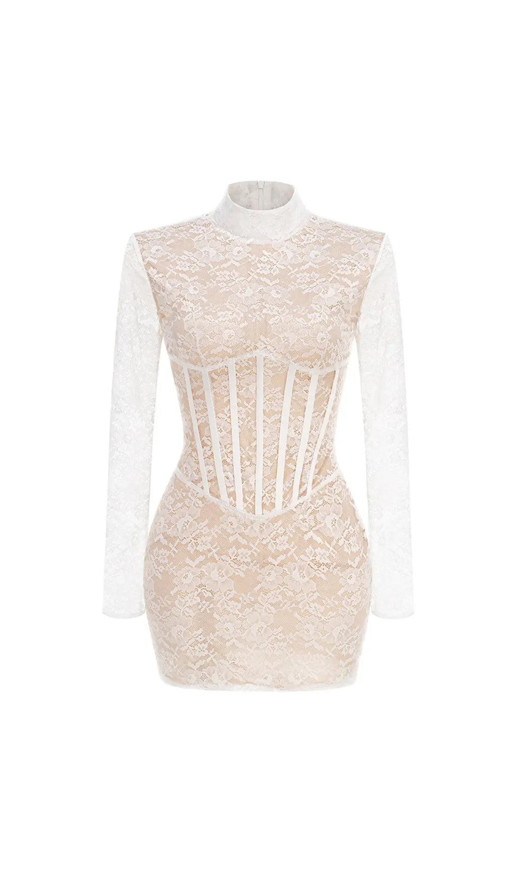Dorisa White Lace Corset Long Sleeve Mini Dress Flowering Girl