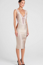 METALLIC BANDAGE MIDI DRESS IN APRICOT Flowering Girl