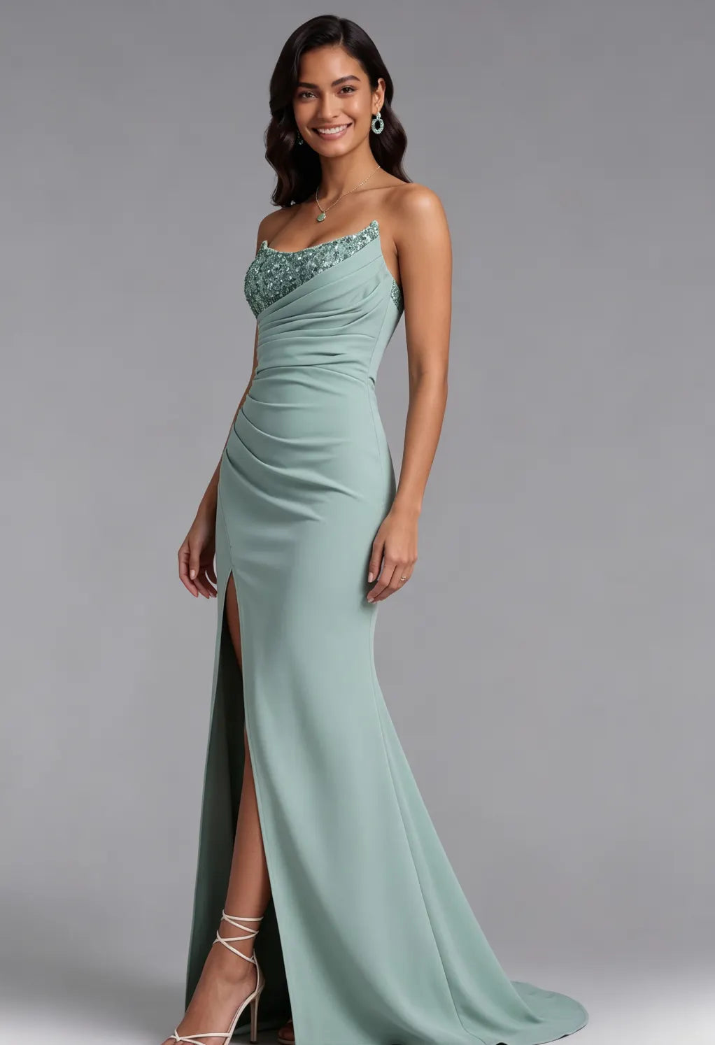 Mint Green One-Shoulder Sequin Evening Gown Flowering Girl