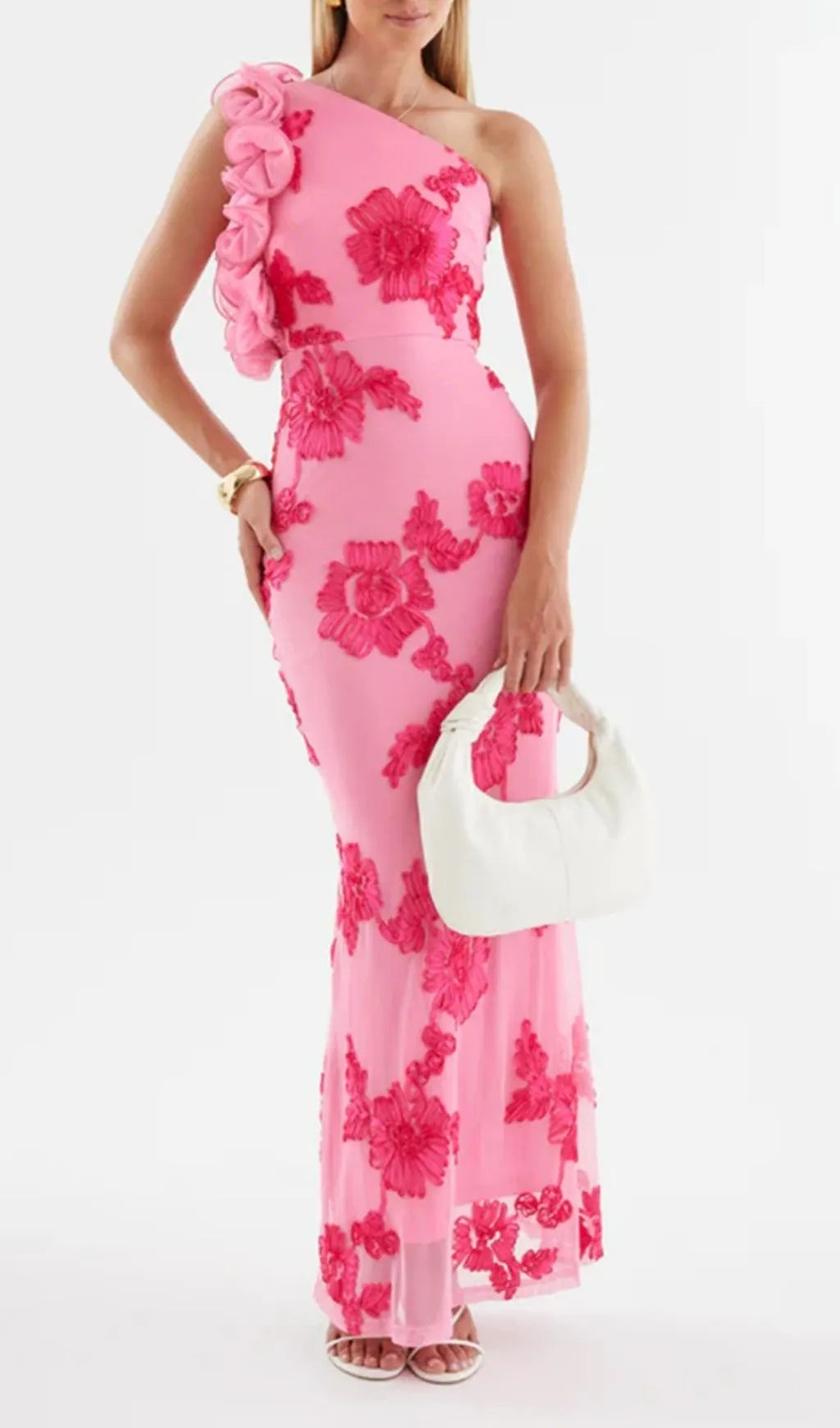 Novia One-Shoulder 3d Flower Embroidery Bodycon Maxi Dress - Pink Flowering Girl