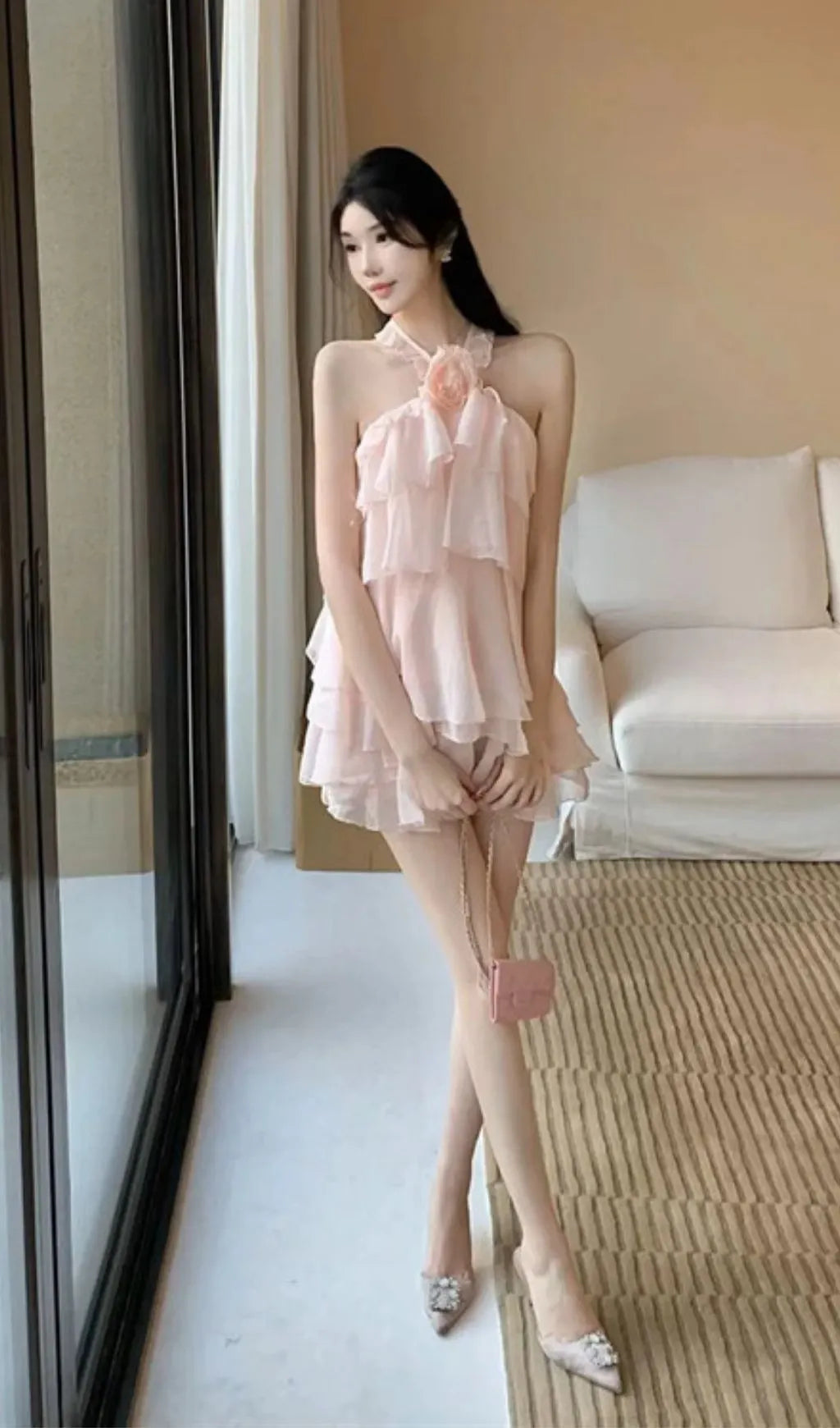 Rebecca Halterneck Ruffle Mini Dress In Pink Flowering Girl