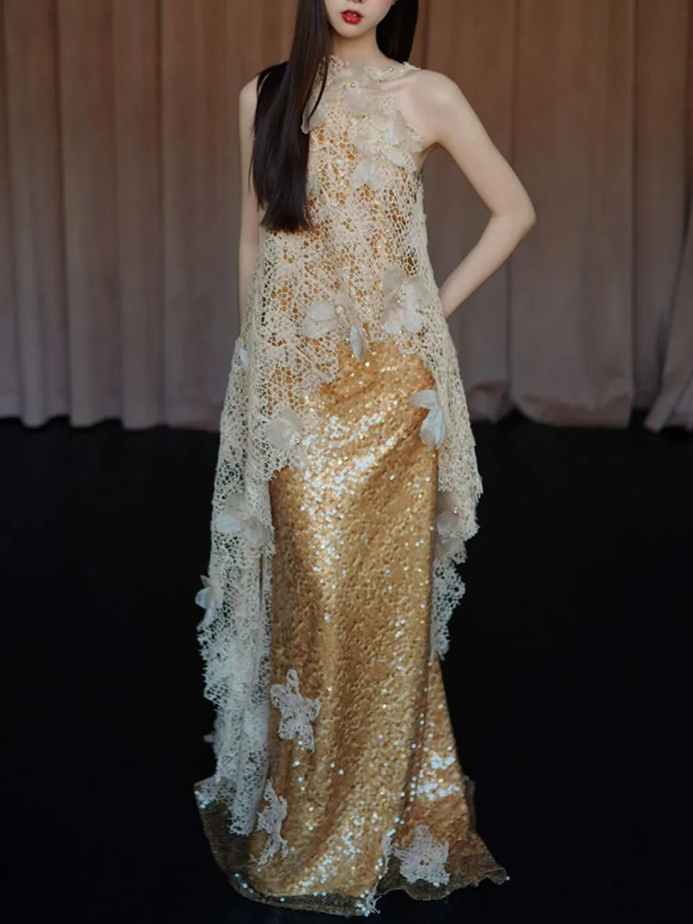 Masen Gold Halter Flower Sequin Maxi Dress Flowering Girl