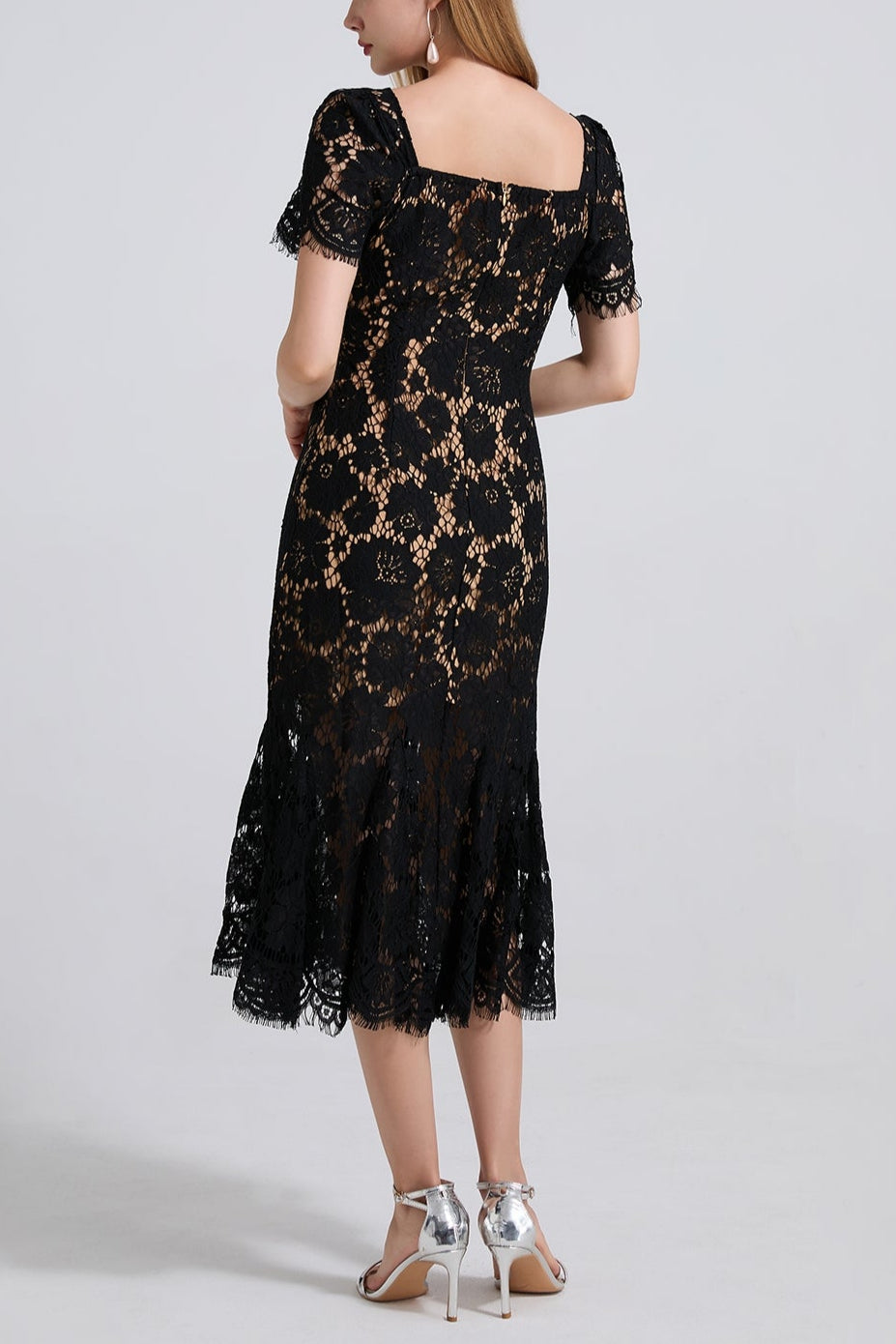 SQUARE NECK LACE MIDI DRESS IN BLACK Flowering Girl