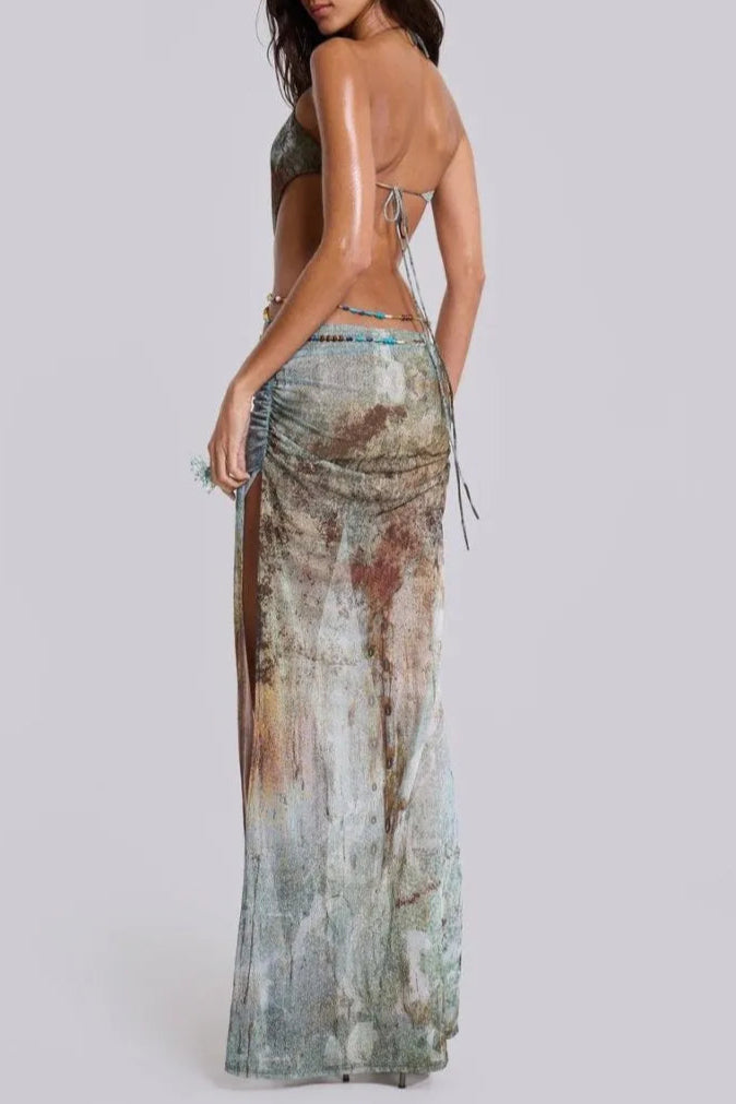 Einar Print Mesh Embellished Backless Maxi Dress Flowering Girl