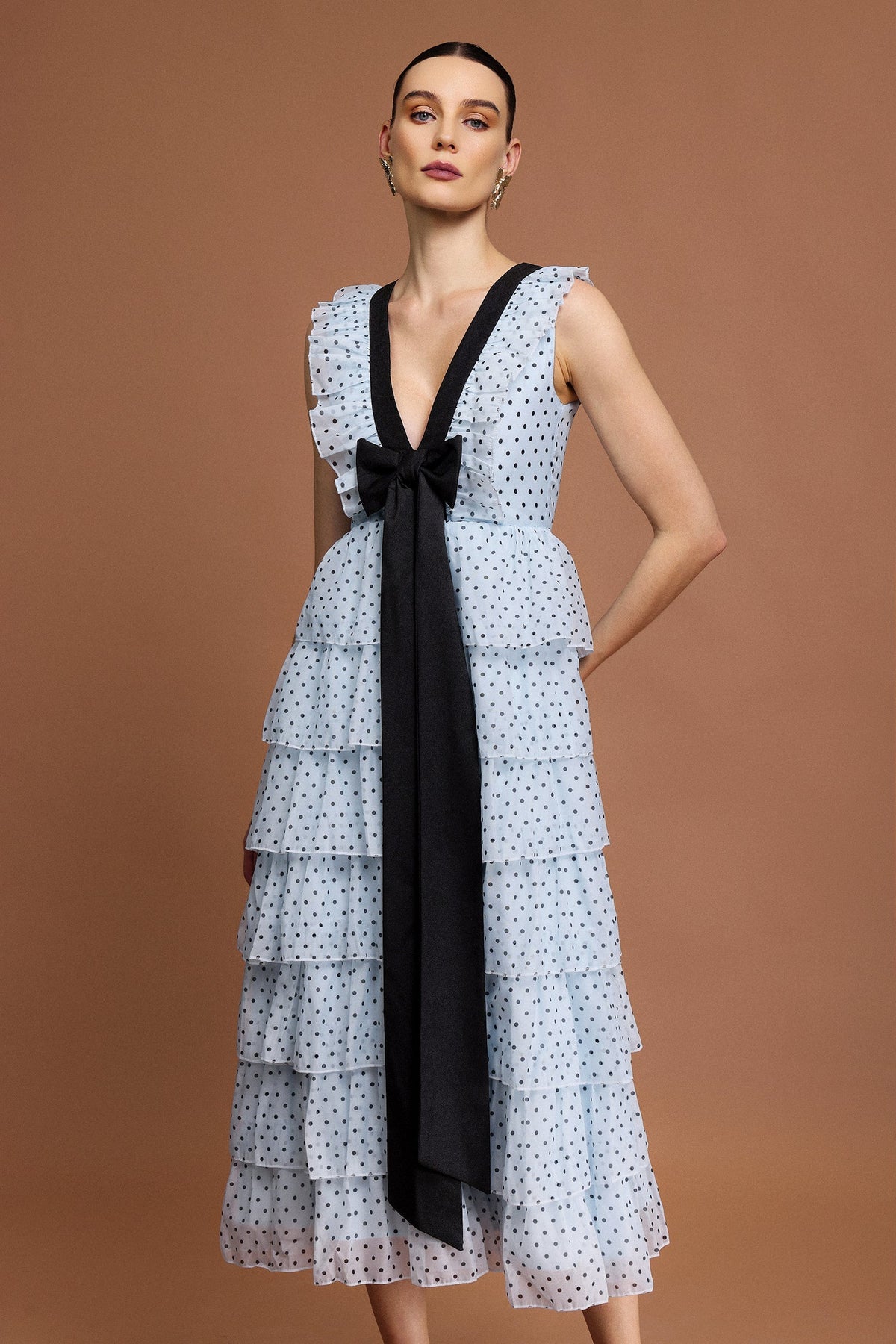 V-Neck Sleeveless Bowknot Folds Dot Printed Midi Dress Flowering Girl