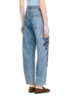 Palm Embroidered Wide Leg Barrel Jeans in Blue Jean Flowering Girl
