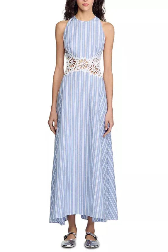 Hollow Lace Trim Maxi Dress In Blue Flowering Girl