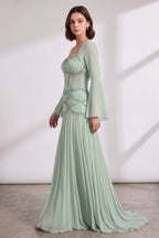 Mint Green Chiffon A-Line With Structured Corset Bodice Floor-Length Gown With Matching Long-Sleeve Shrug Flowering Girl