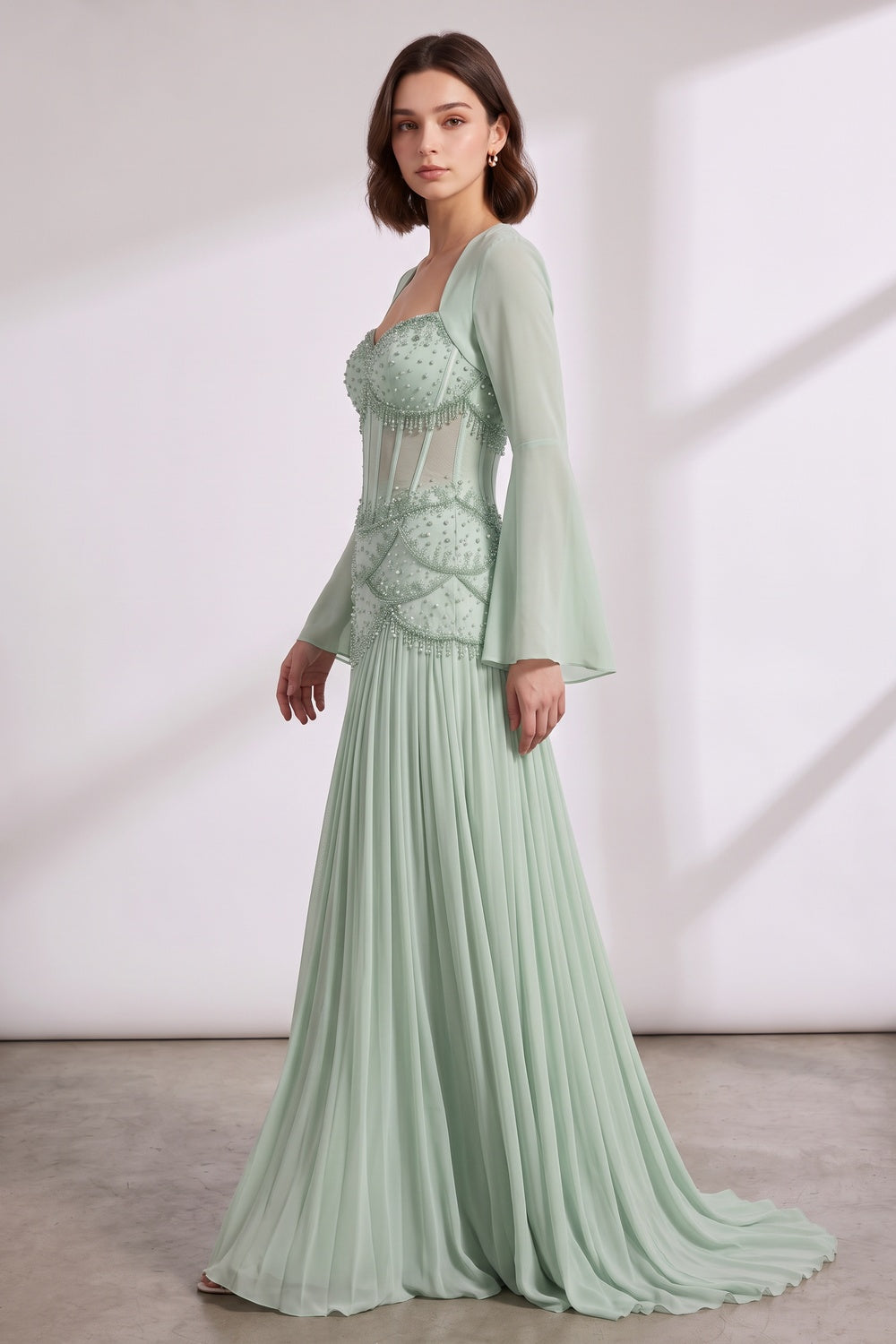 Mint Green Chiffon A-Line With Structured Corset Bodice Floor-Length Gown With Matching Long-Sleeve Shrug Flowering Girl