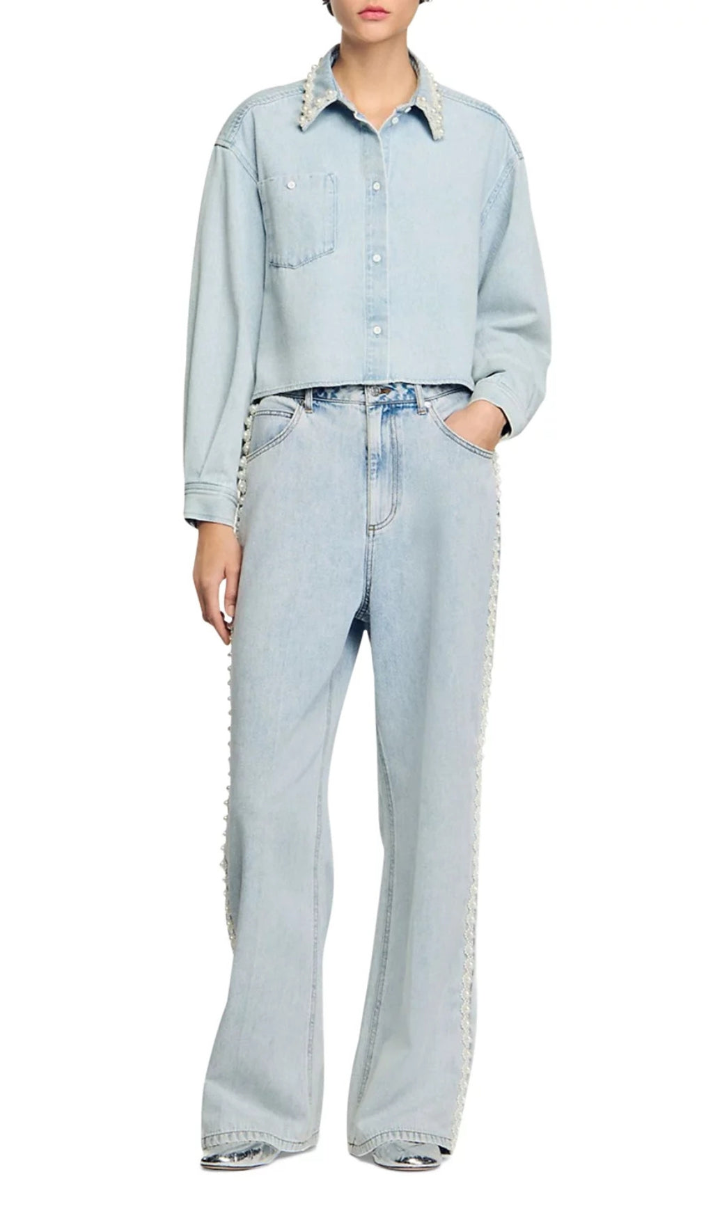 Beaded Collar Denim Shirt Flowering Girl