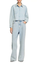 Beaded Collar Denim Shirt Flowering Girl