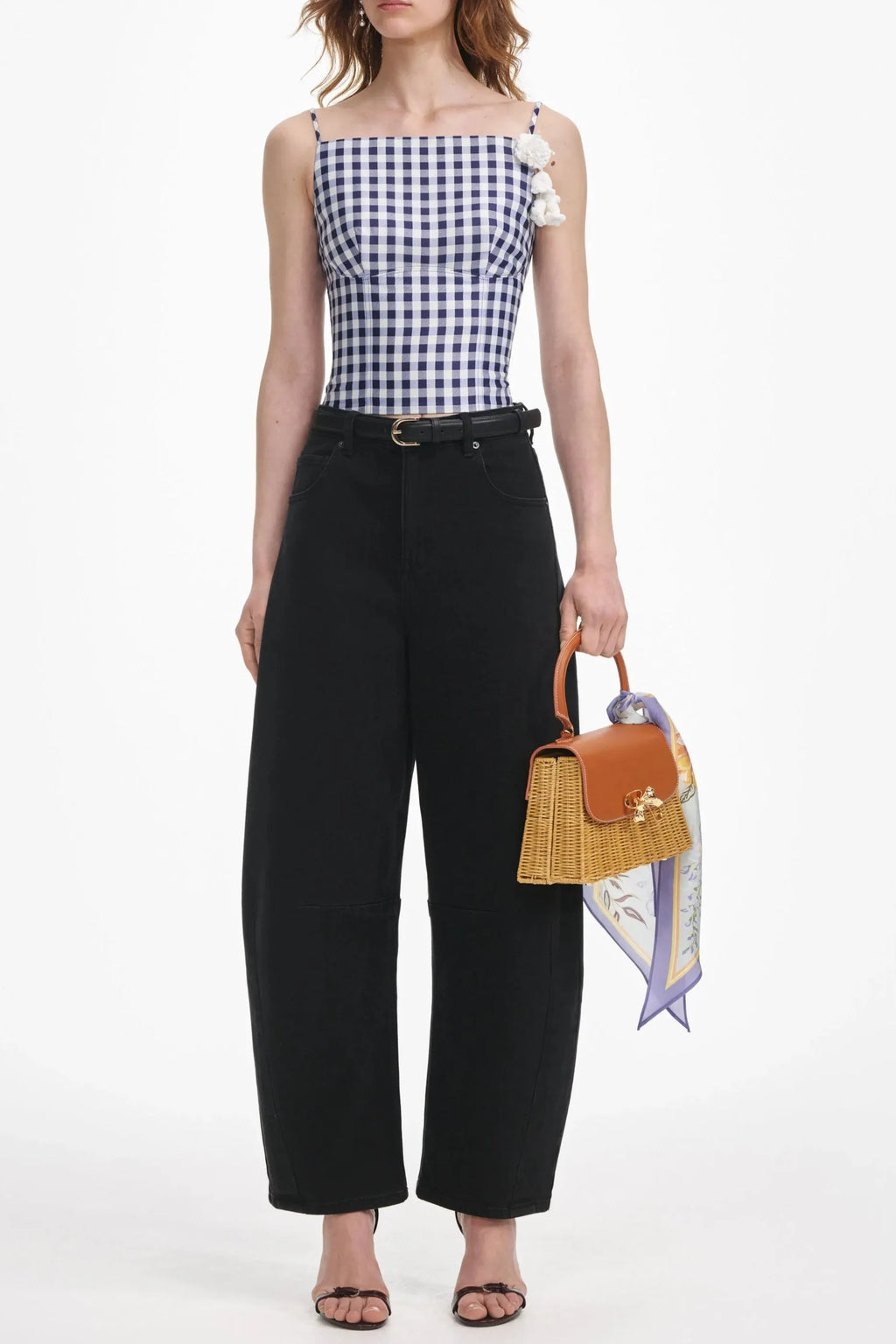 Navy Gingham Taffeta Top Flowering Girl