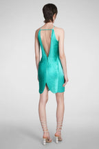 Bluma Halterneck Fringe Mini Dress In Green Flowering Girl