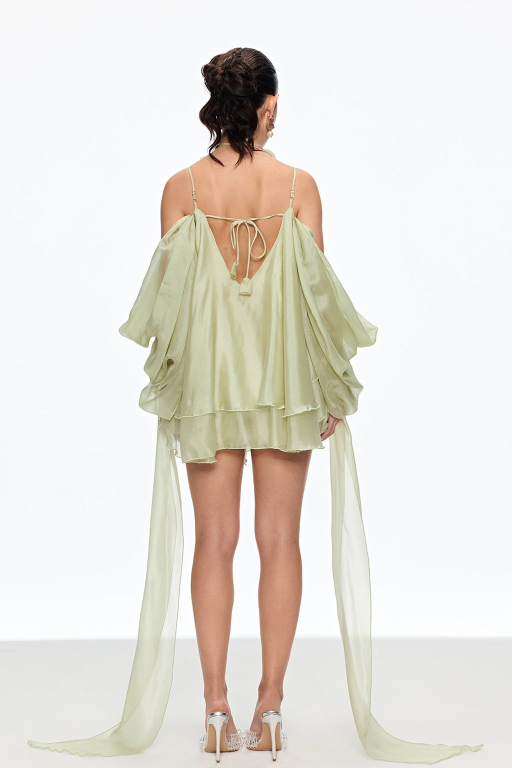 Alisa Ruffle Lace Up Fringe Mini Dress In Green Flowering Girl