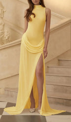 Gryta Yellow Halter Ruched Maxi Dress Flowering Girl