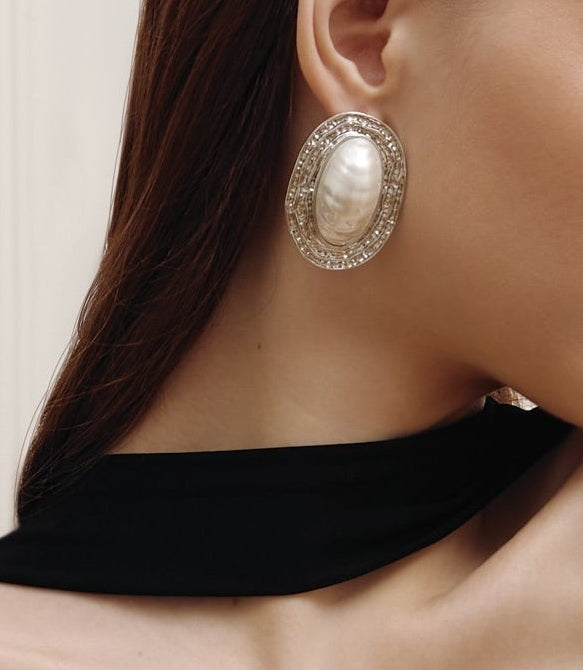 Vintage Textured Gold Oval Baroque Pearl Stud Earrings Flowering Girl