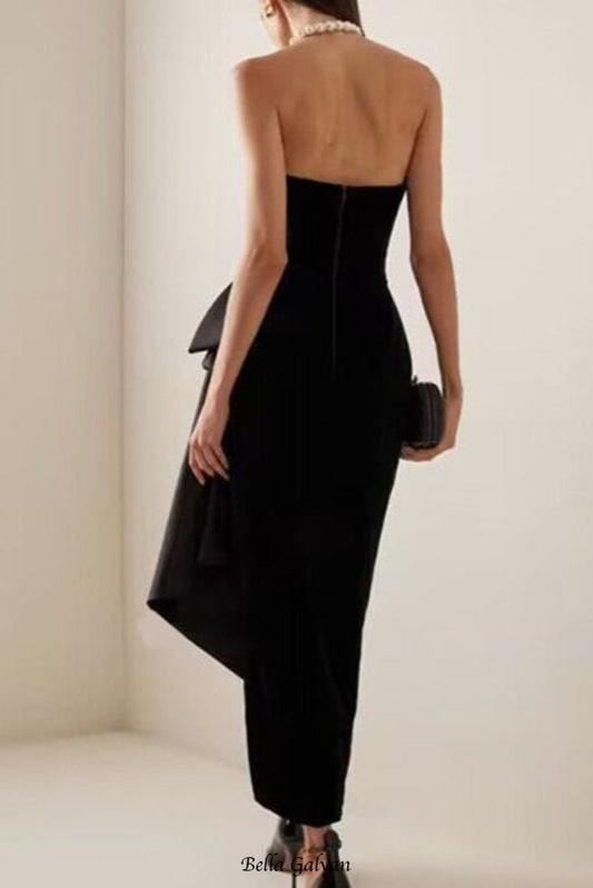 bow Irregular Asymmetric Sleeveless midi Dress in black Flowering Girl