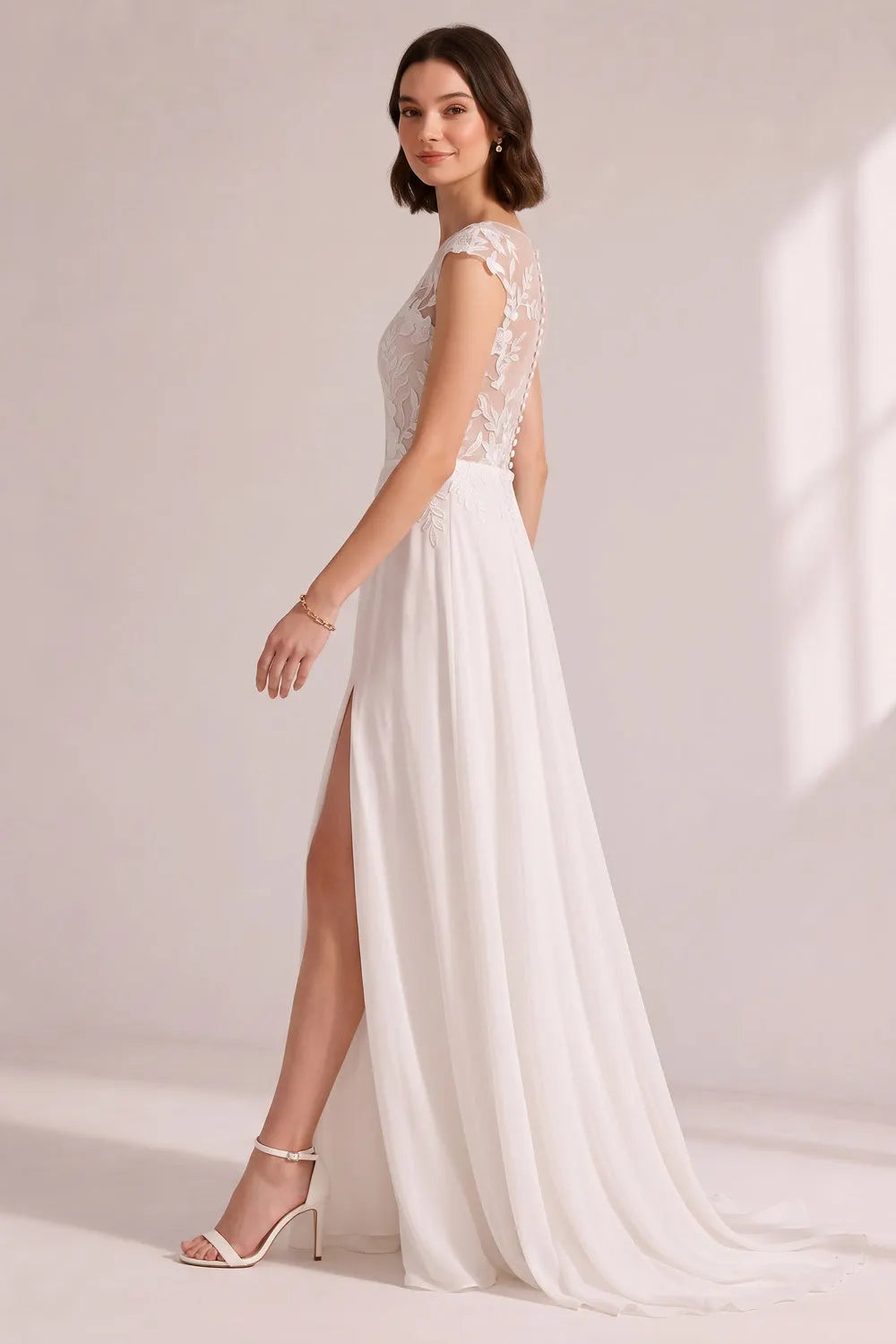 Illusion Cap Sleeve Floral Lace High Slit Chiffon Wedding Gown Flowering Girl