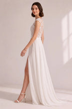 Illusion Cap Sleeve Floral Lace High Slit Chiffon Wedding Gown Flowering Girl