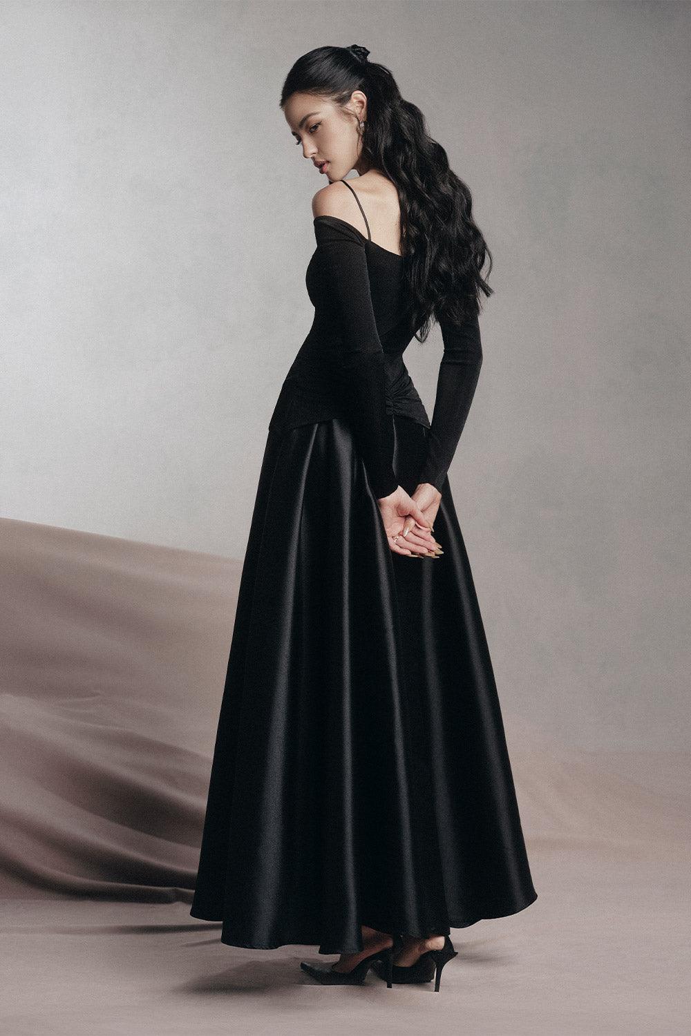 Black A-Line Cold Shoulder Sleeved Spandex Taffeta Maxi Dress Flowering Girl
