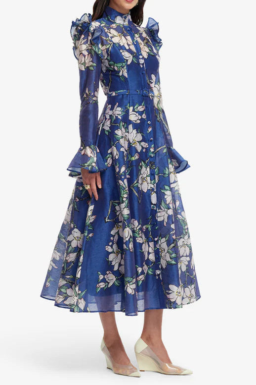 Floral Print Butterfly Sleeve Maxi Dress - Midnight Blue Flowering Girl