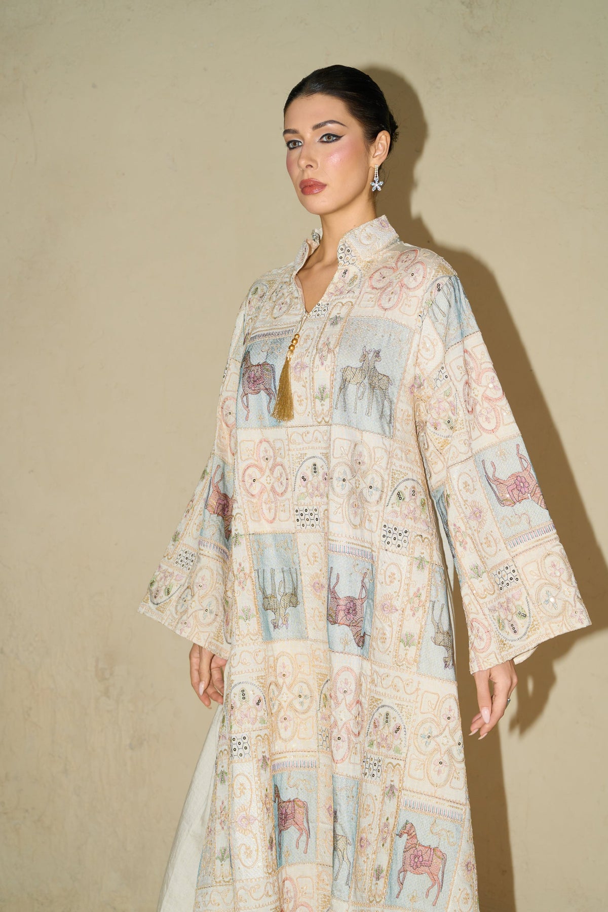 Cream Horse Patchwork Print Stand Collar Bell Sleeve Long Kaftan Dress Flowering Girl