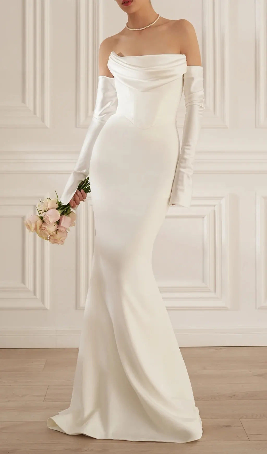 Deliz White Off-Shoulder Long Sleeve Wedding Dress Flowering Girl