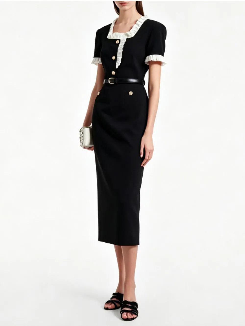 Medina Black Short Sleeve Midi Dress Flowering Girl