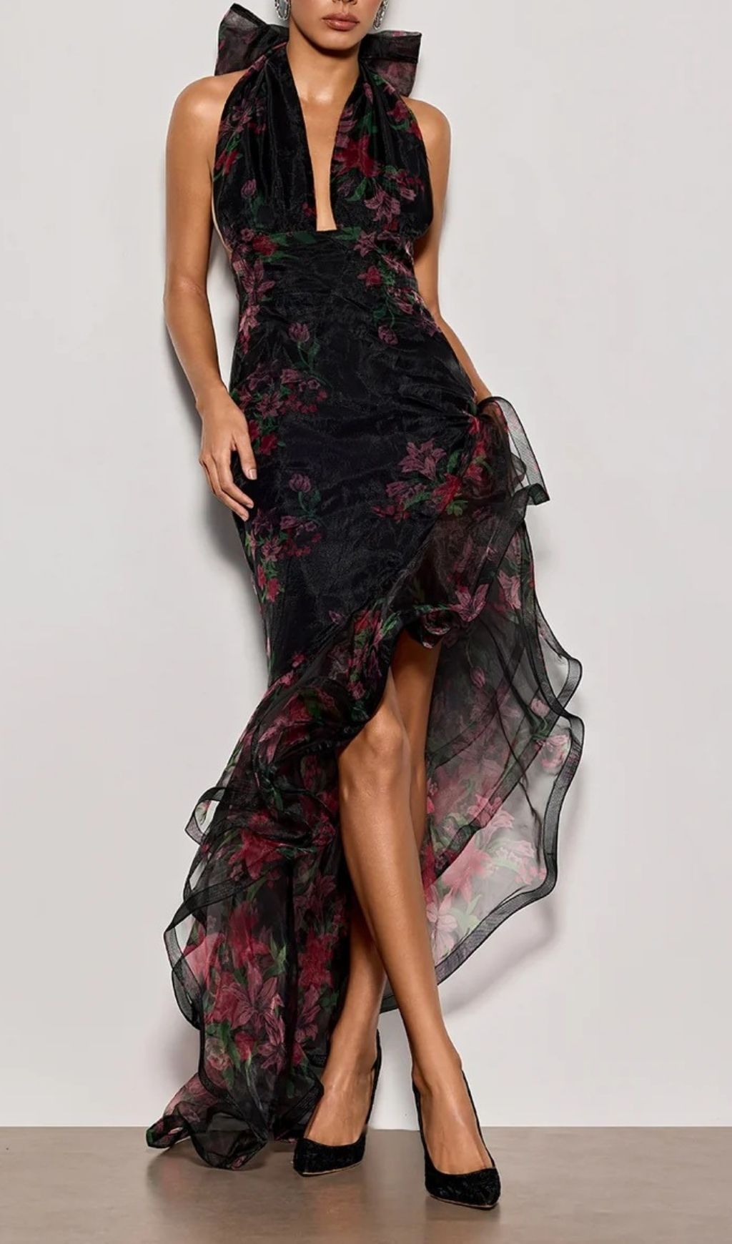 Cynna Halterneck Floral Ruffle Maxi Dress Flowering Girl