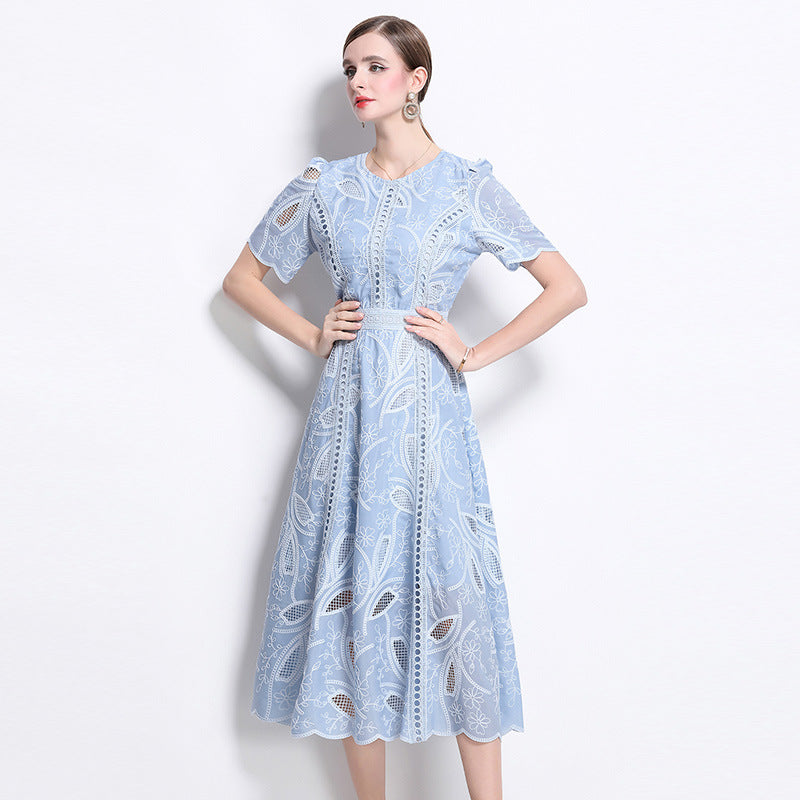 dana hollow embroidery lace midi dress in blue Flowering Girl
