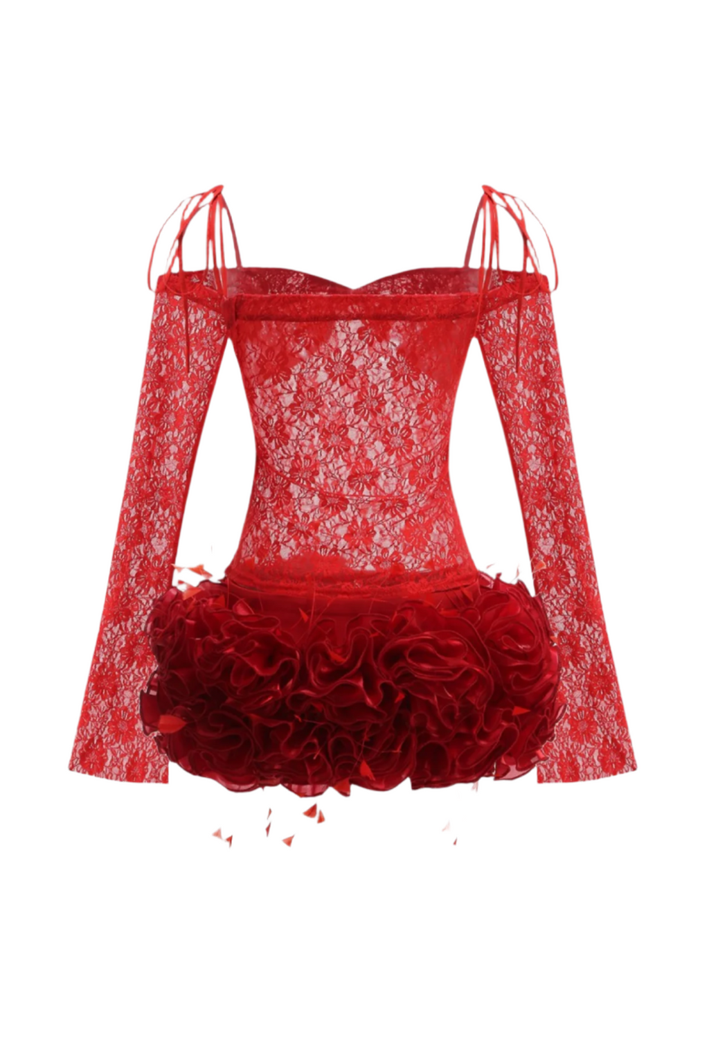 Lace Floral Appliqué Two Piece Set - Red Flowering Girl