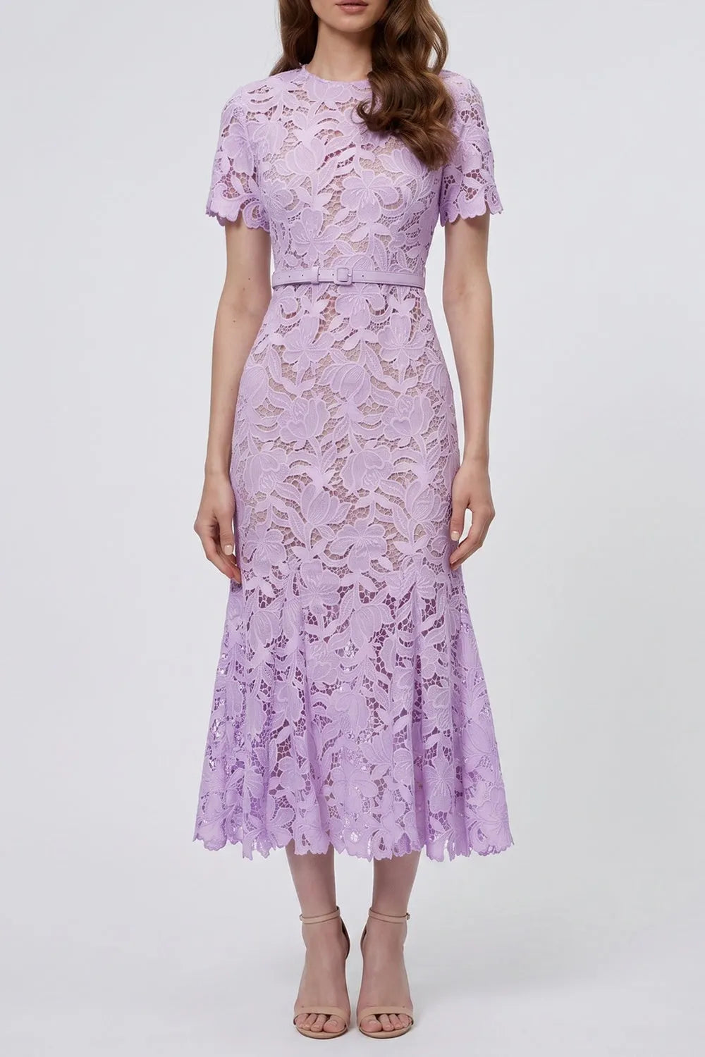 Lilac Short Sleeve Floral Lace Midi Dress Flowering Girl