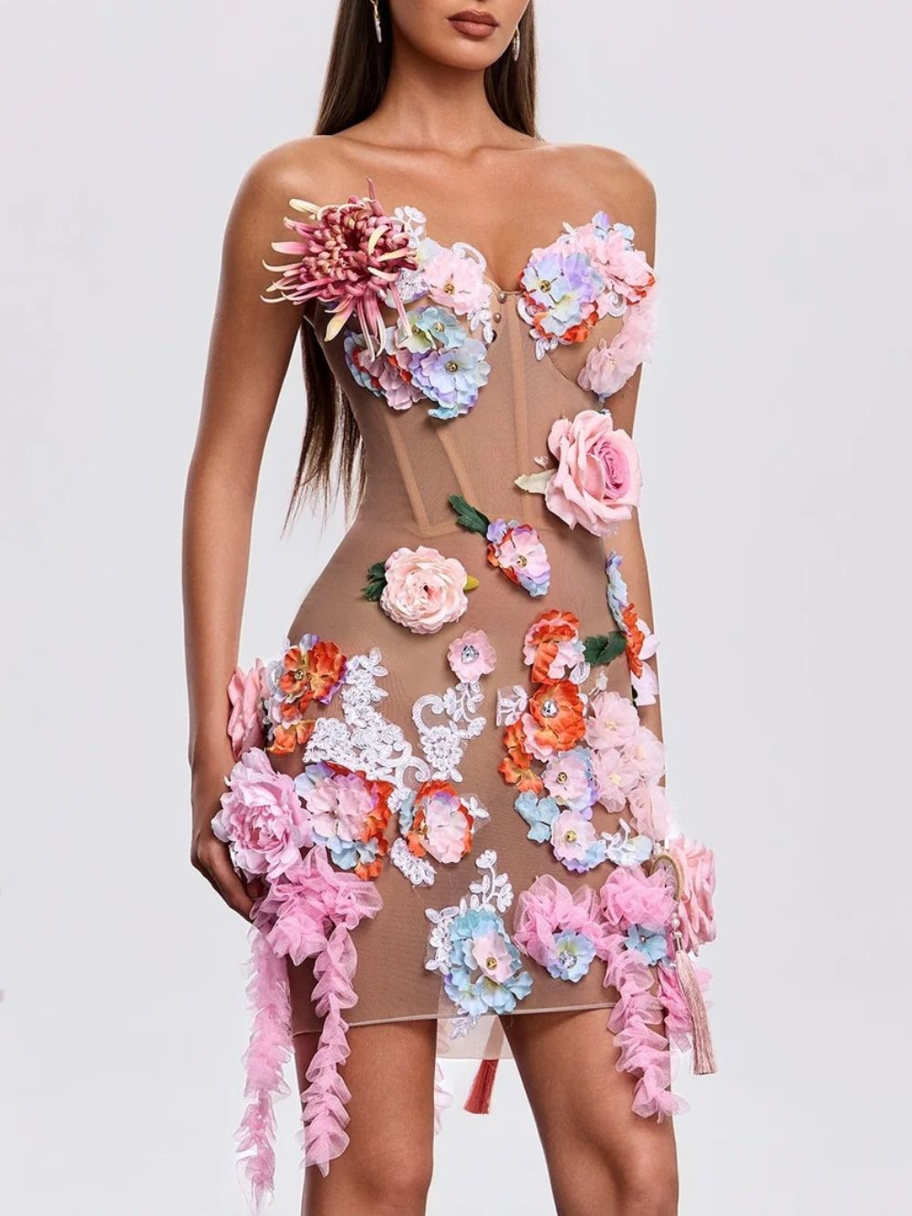 Jaldex Strapless Flower Mini Dress In Nude Flowering Girl