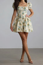 Beverly Floral Print Square Neck Mini Dress In Yellow Flowering Girl
