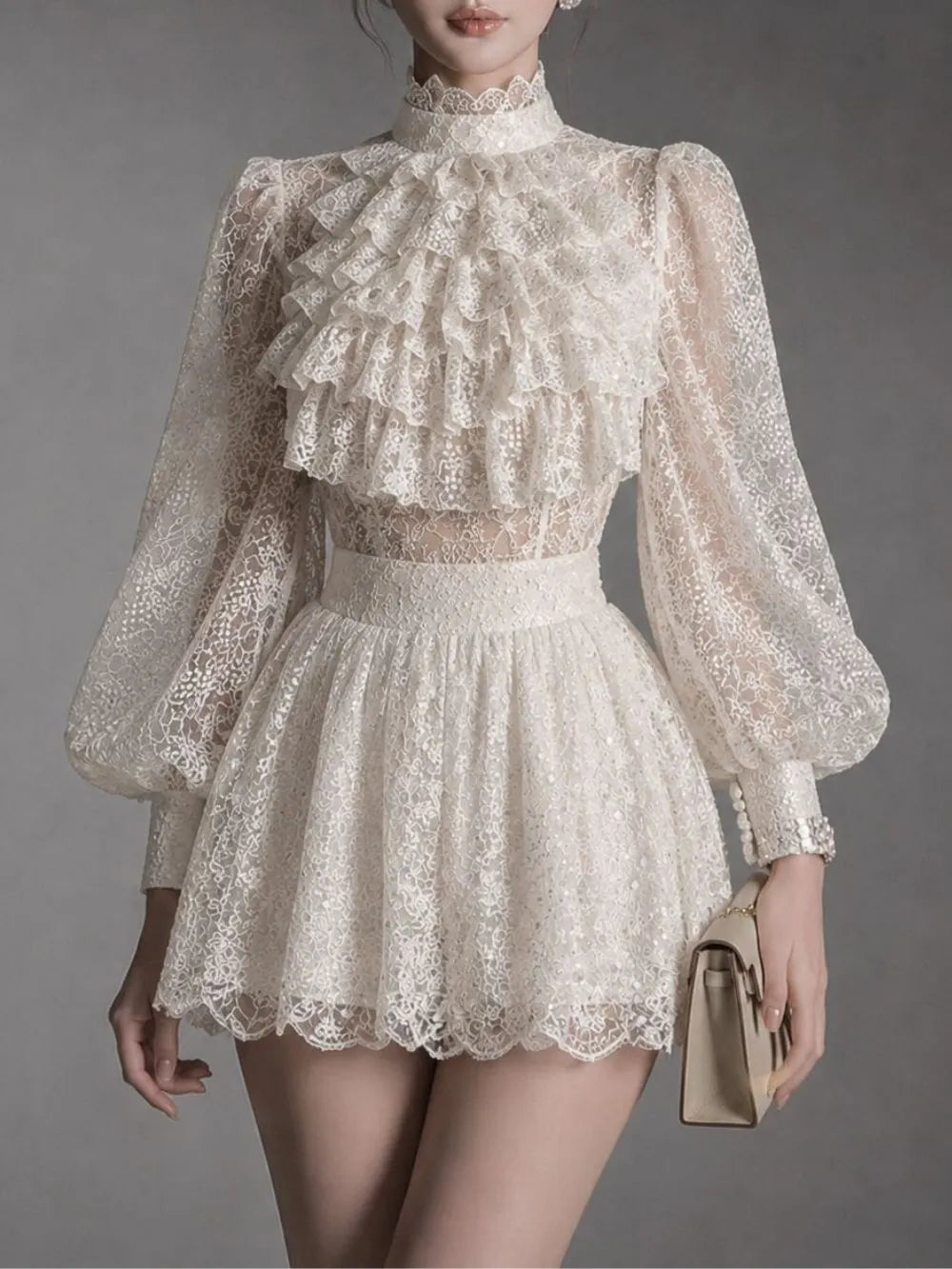 Maxine White Lace Lantern Sleeve Mini Dress Flowering Girl