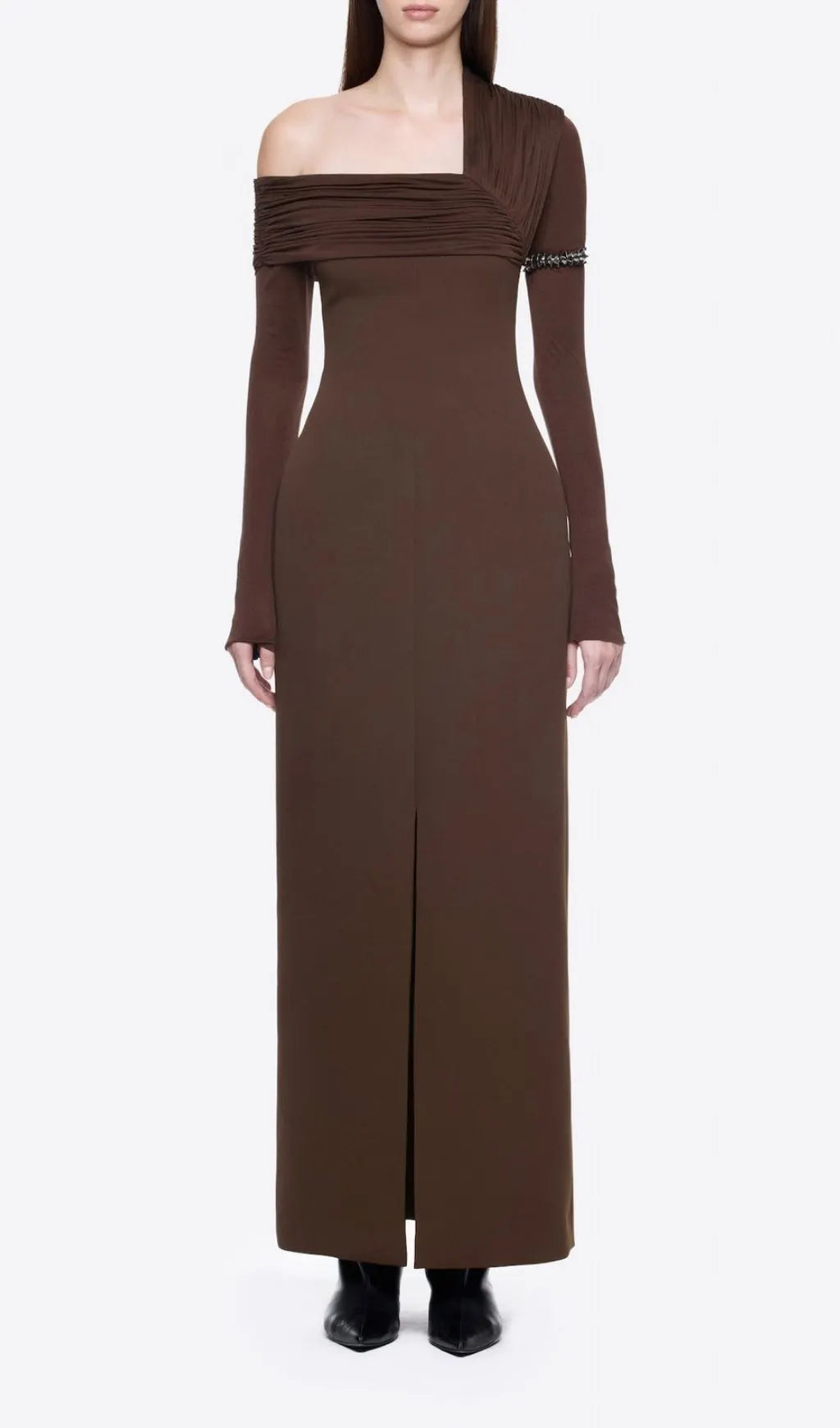 Katelynn Coffee Long Sleeve Ruched Maxi Dress Flowering Girl