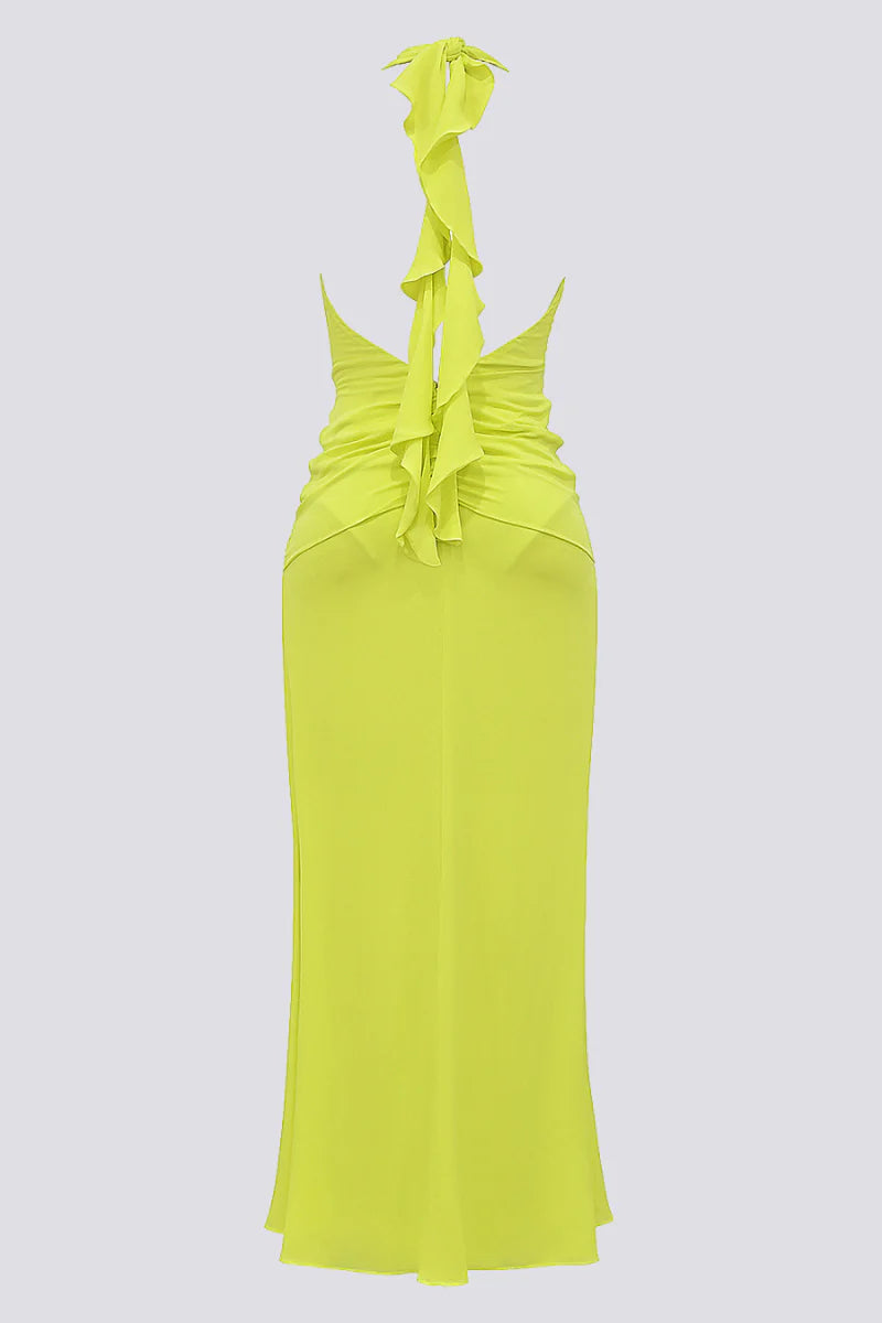 maéva halter neck slit plunge neck maxi dress in green Flowering Girl