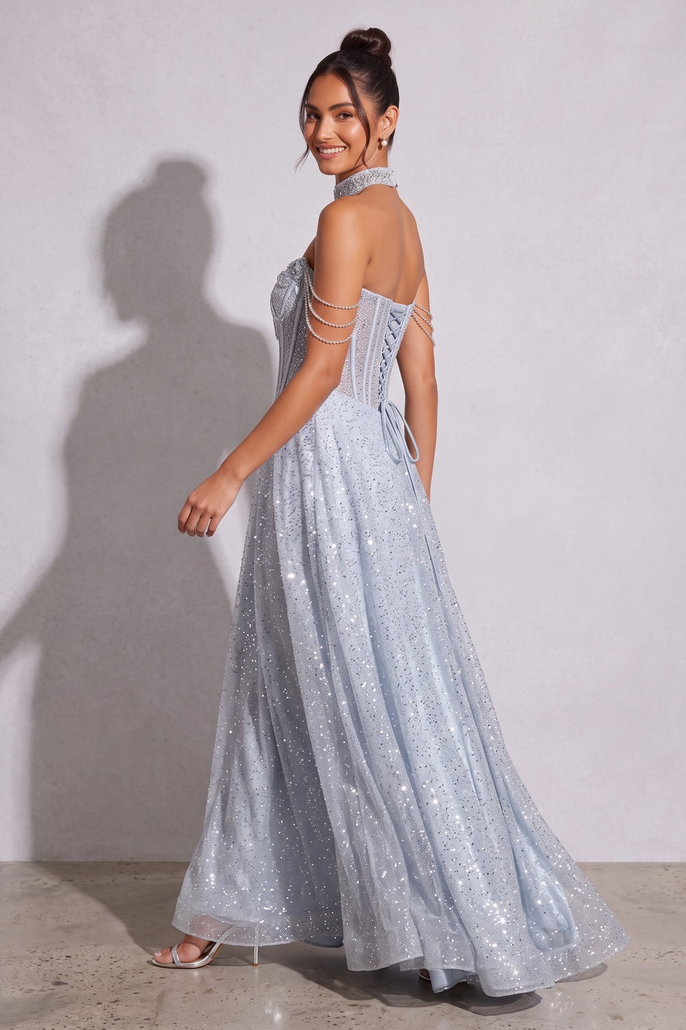 Ice Blue Glitter-Dusted Tulle A-Line Gown Flowering Girl