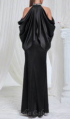 off-shoulder crystal halter maxi dress in black Flowering Girl