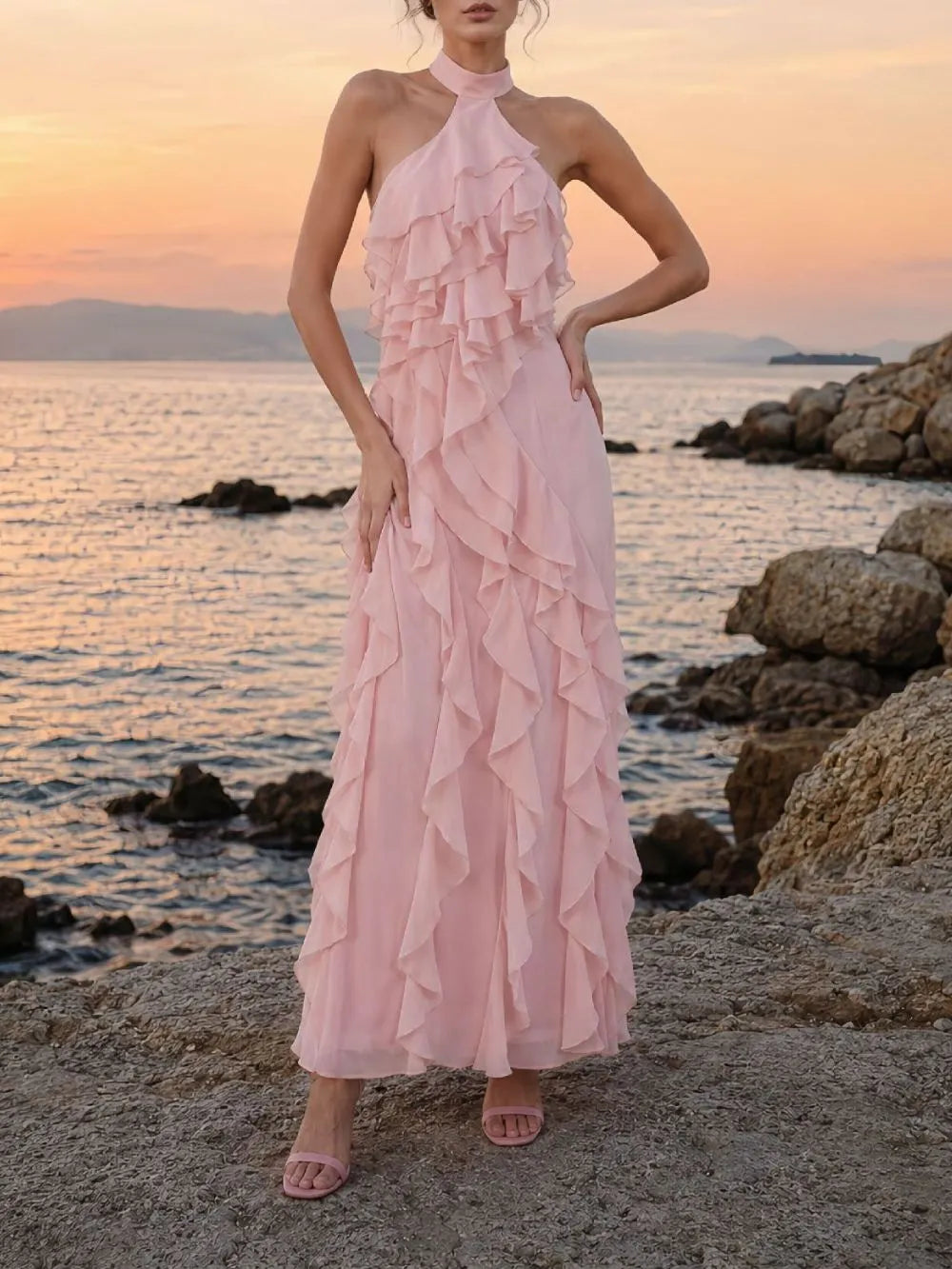 Kora Pink Halter Ruffle Maxi Dress Flowering Girl