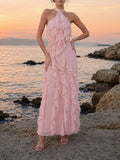 Kora Pink Halter Ruffle Maxi Dress Flowering Girl
