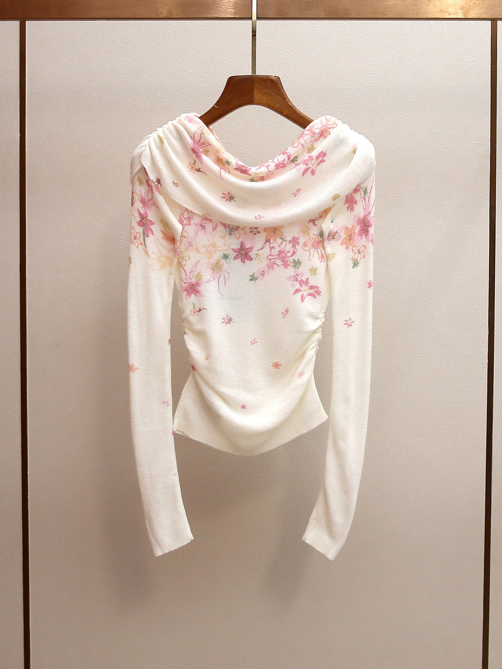Off-White Lightweight Fine Knit Fitted With Draped Neckline Top Flowering Girl