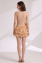 Beige Sheer Mesh Bodycon Mini Dress with 3D Floral Petals Flowering Girl