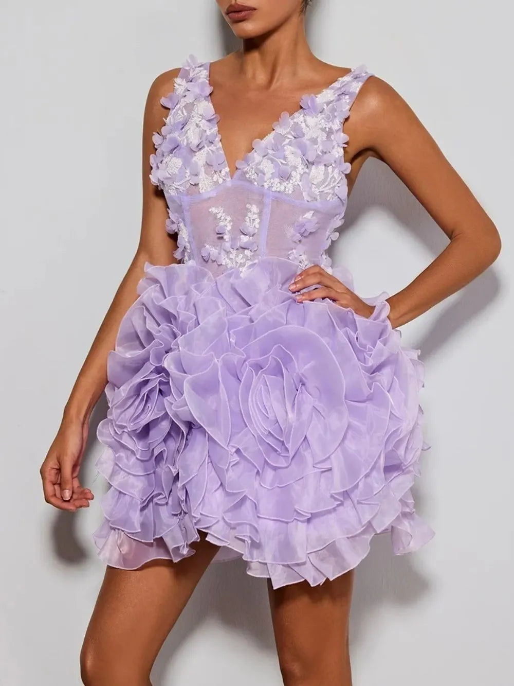 Ervin Purple V Neck Flower Mini Dress Flowering Girl