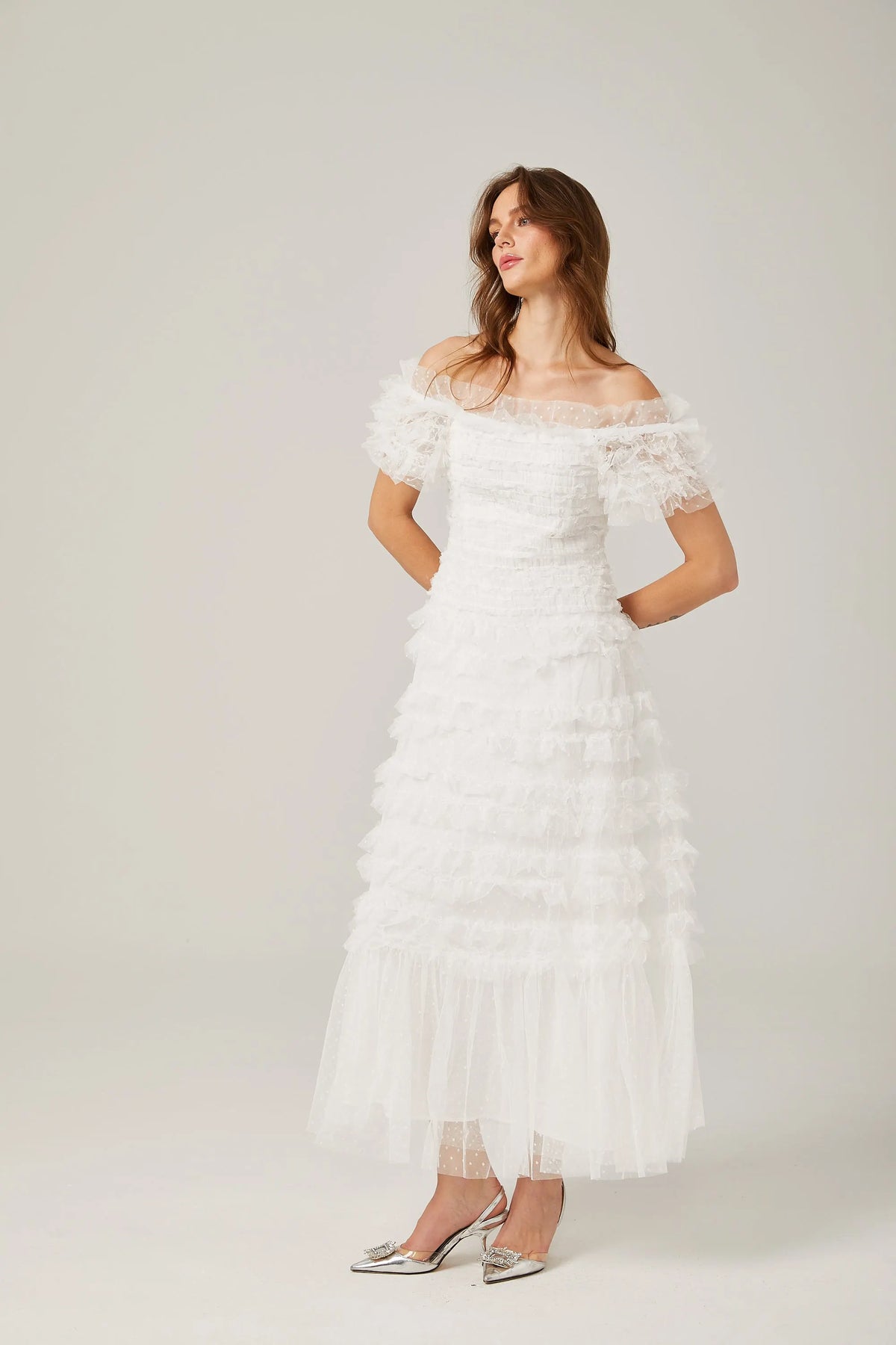 Joyce Ruffled Tulle Tiered Strapless Midi Dress In White Flowering Girl