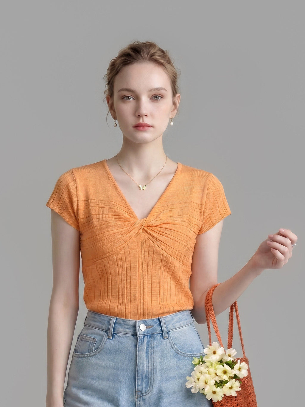 Front Twist V Neck Cap Sleeve Textured Knit Top Flowering Girl