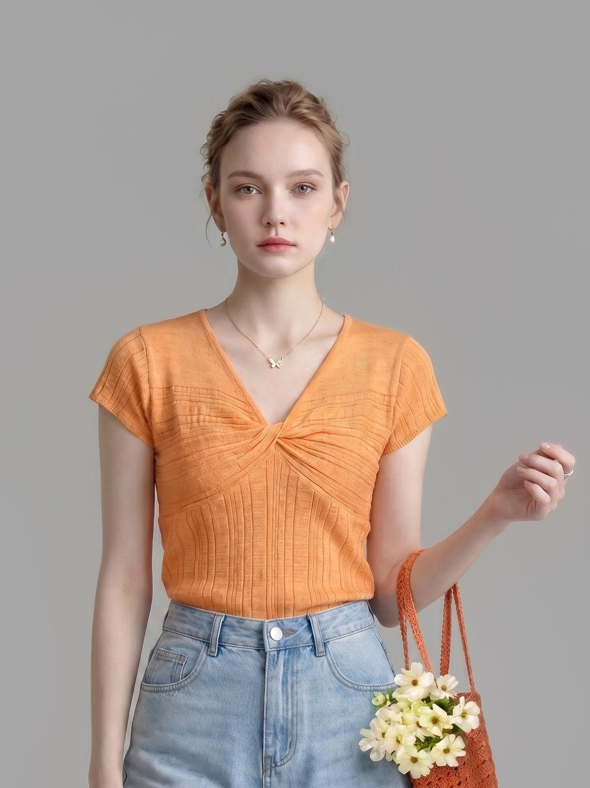 Front Twist V Neck Cap Sleeve Textured Knit Top Flowering Girl