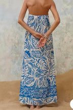 Tropical Leaf Print Strapless Maxi Dress Flowering Girl